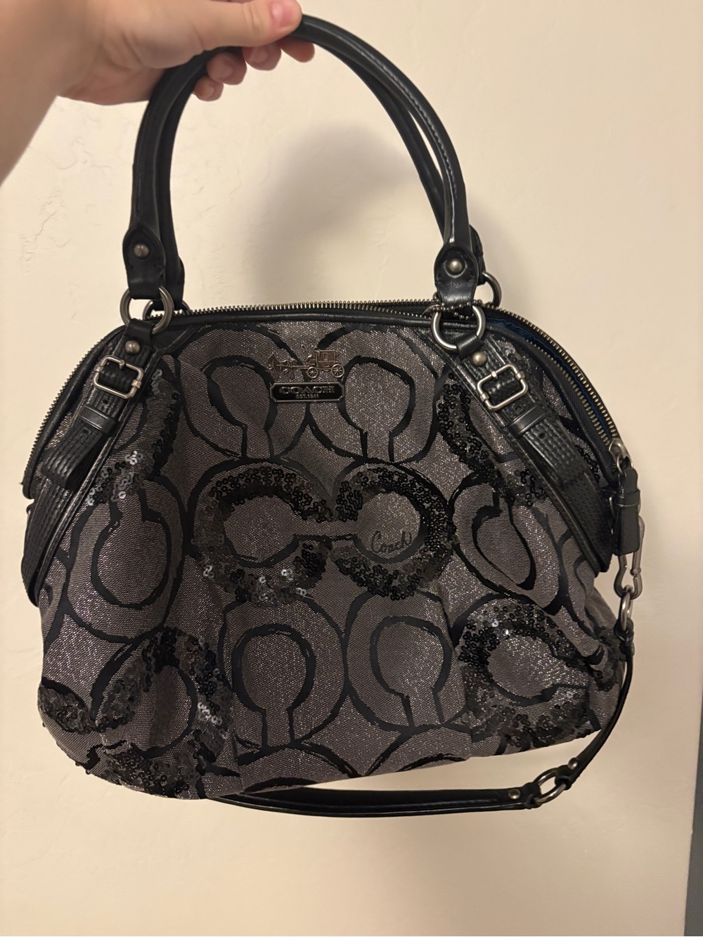 Coach Black and Gray Sequin Signature Satchel